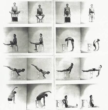 Joseph Pilates demonstrating the Wunda Chair exercise sequence, archival photographs